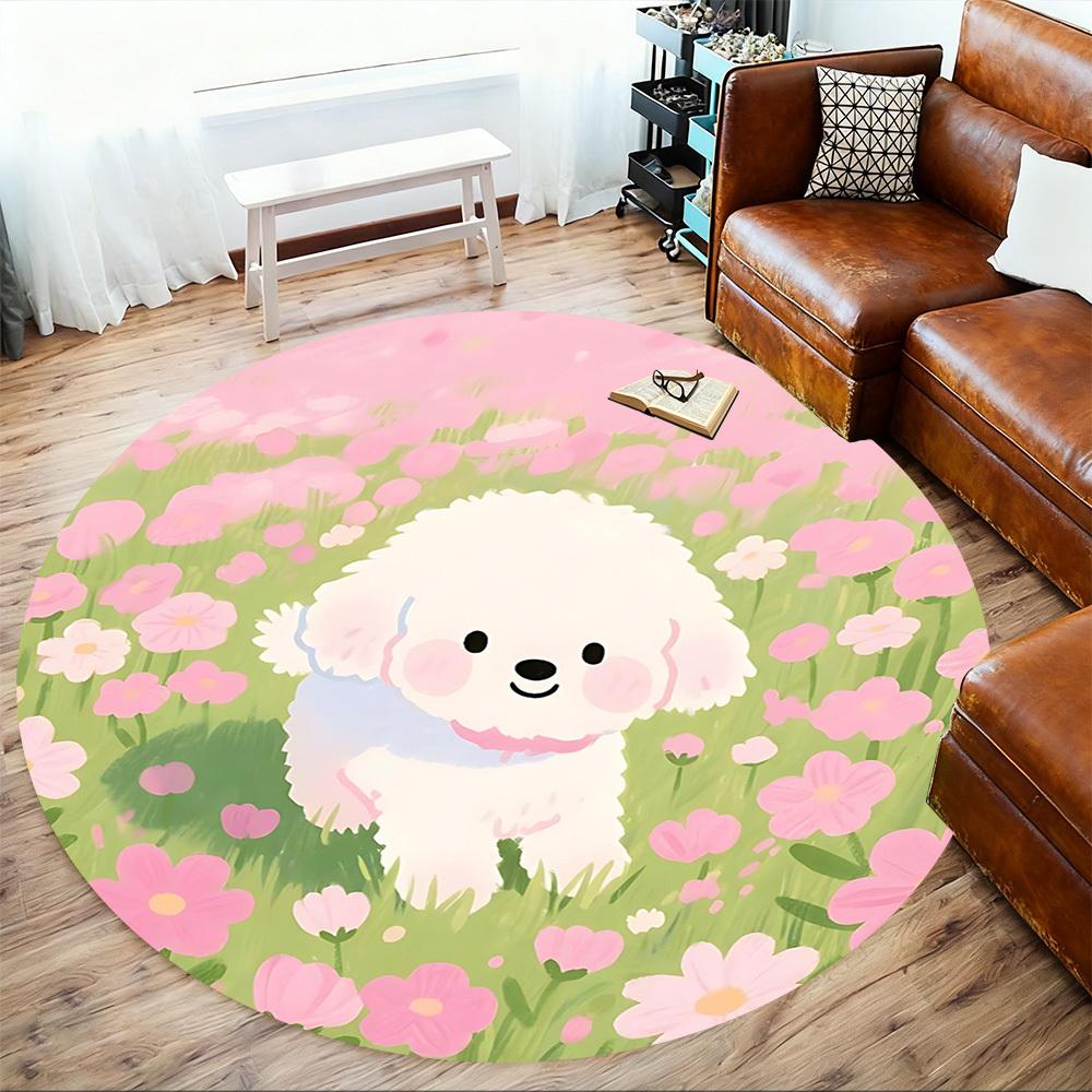 1 szt. mata podłogowa okrągła z motywem psa i kwiatów - antypoślizgowa, mata podłogowa do biura, sypialni i dekoracji wnętrz c1125027