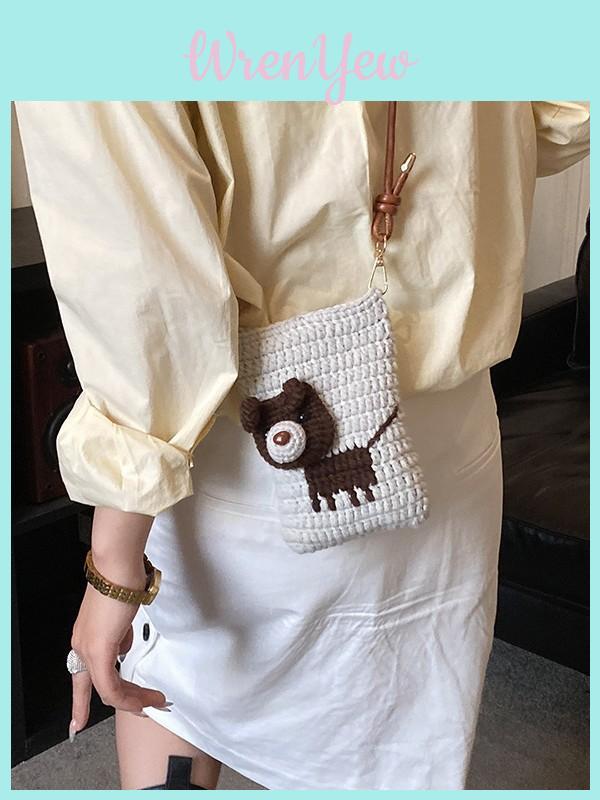 Handmade Knit Dog Pattern Shoulder Bag With Cell Phone Pocket For Casual Daily Use