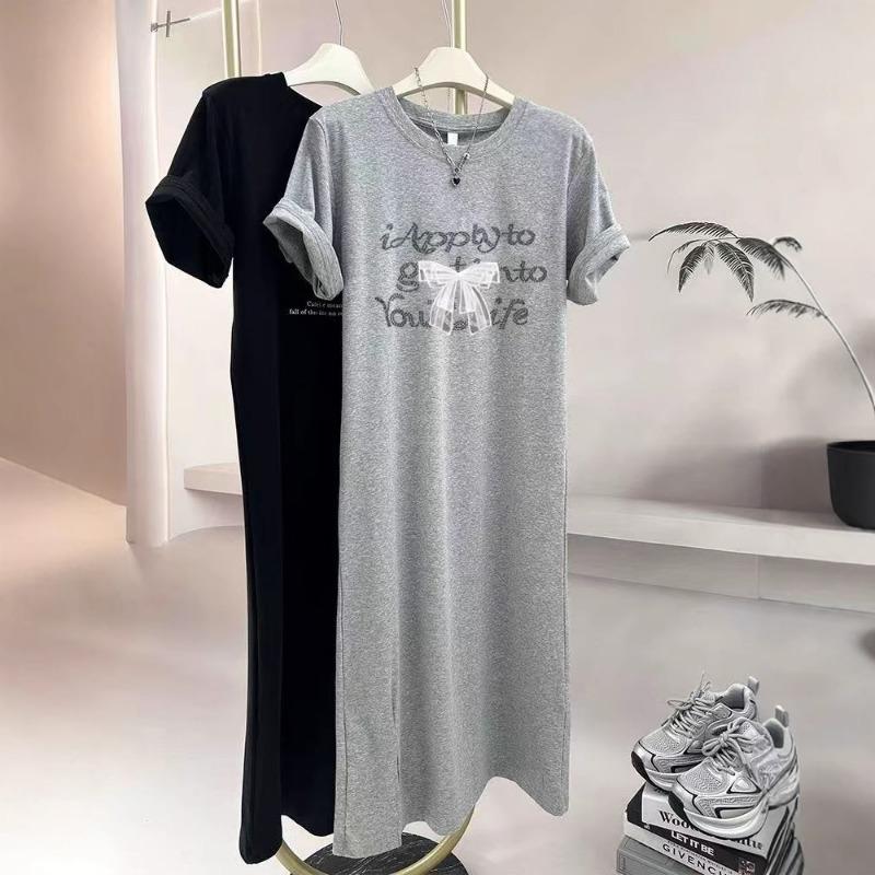 Letter Print Dress,a Mid-length Over-the-knee Slit T-shirt for Women's Summer Casual Wear