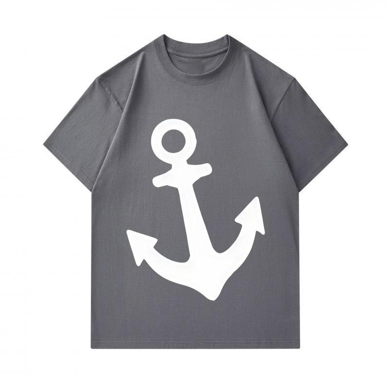 Men's 100% Cotton Short Sleeve Crew Neck T-Shirt, Classic White Nautical Anchor Print Casual Comfortable Tee, Breathable Lightweight Summer Top for Da
