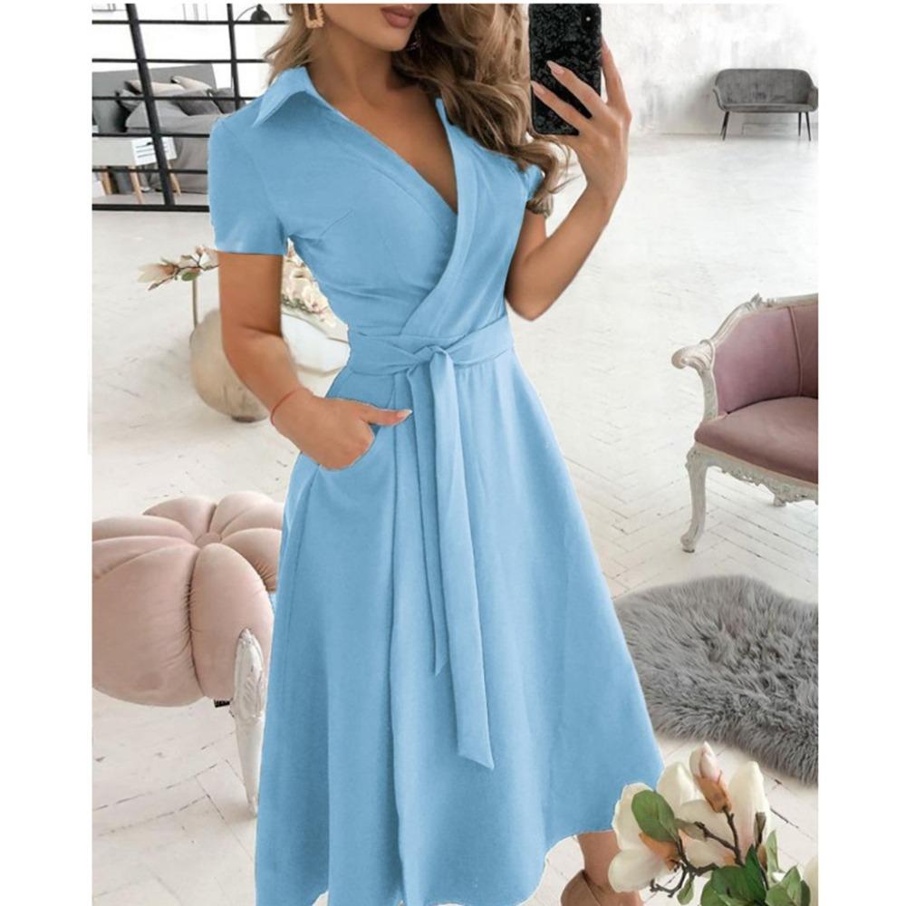 HNXC Women's Fashion Summer Spring Solid Color Print Short Sleeve V-Neck Casual Dresses