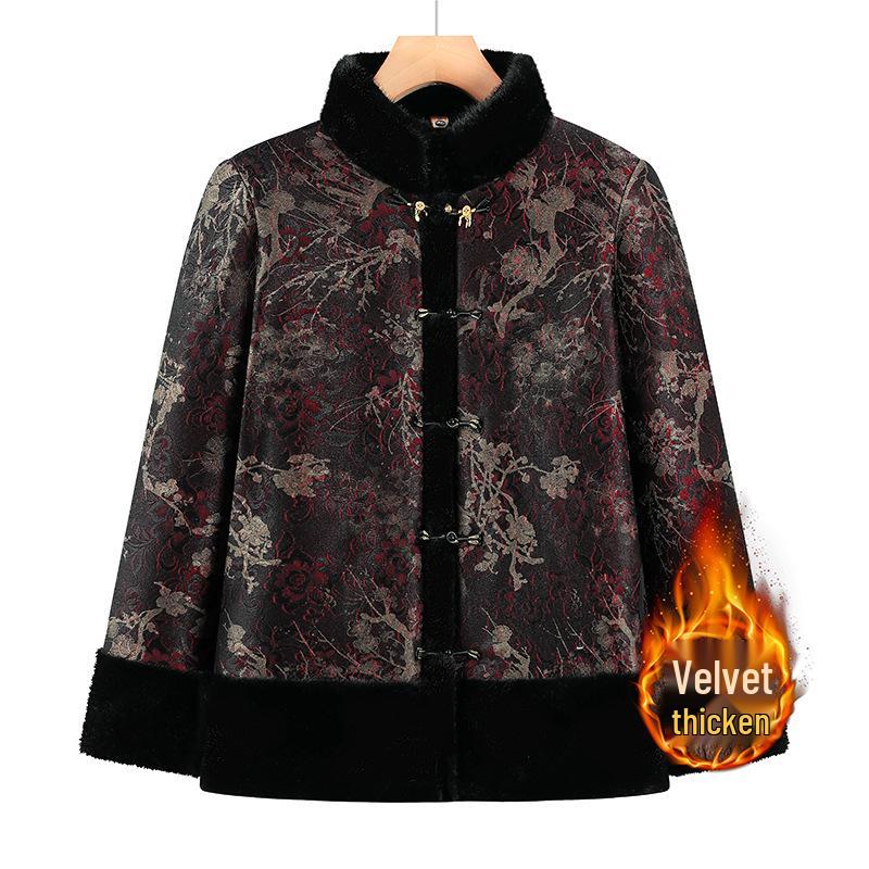 Elderly Women's Fleece-Lined Cotton Jacket - Chinese Style, Stand Collar, Plus Size, Warm Winter Wear for Grandma