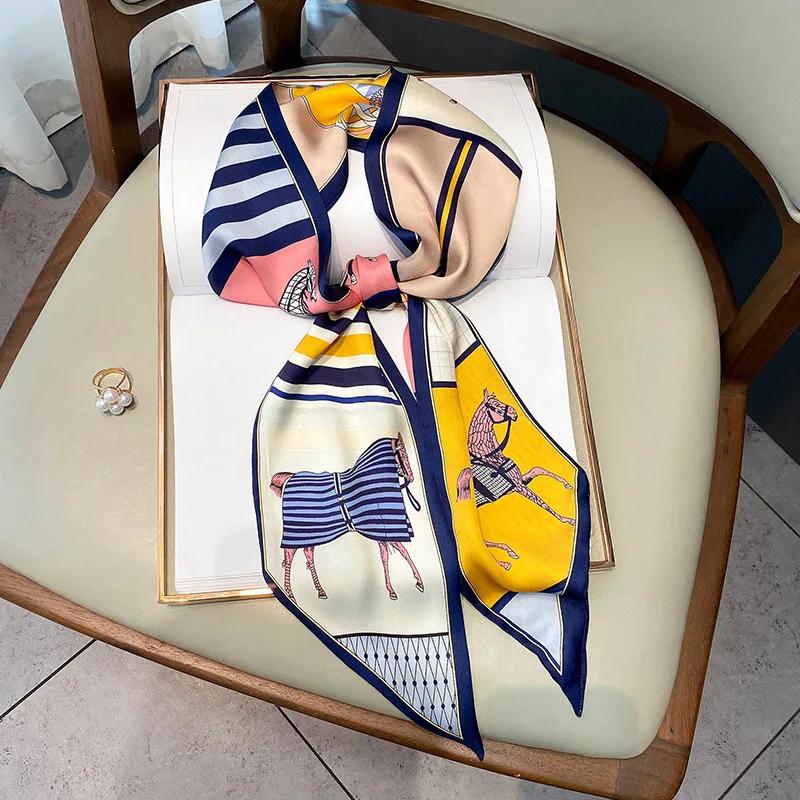 Long Silk Scarf Bag Tie Lady Neck Skinny Scarves Hairband Foulard Horse Print Brand Lady Neckerchief Ribbon  Spring New
