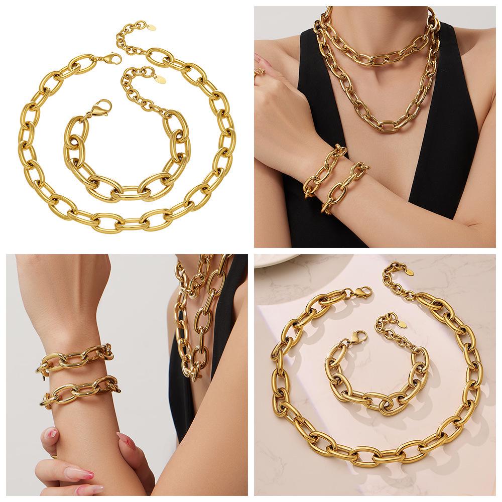 18K Gold-Plated Hip Hop Chain Necklace & Bracelet Set - European & American Style, Stainless Steel, Simple Luxury