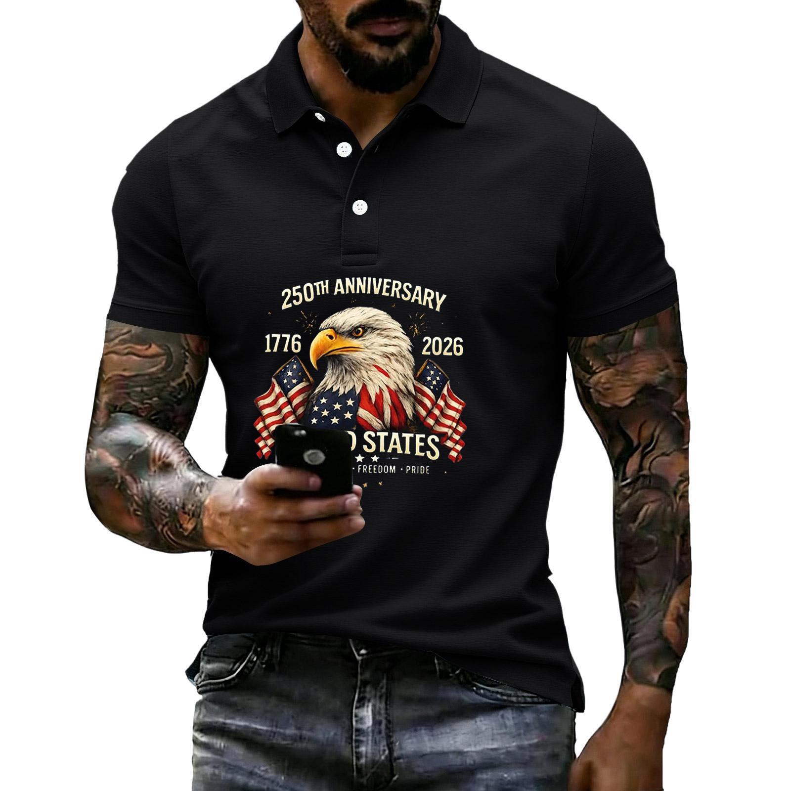 

Men s Loose Fit Casual Short Sleeve Polo Shirt with Patriotic Eagle and Flag Graphic Print for 250th Anniversary United States Celebration XL чёрный