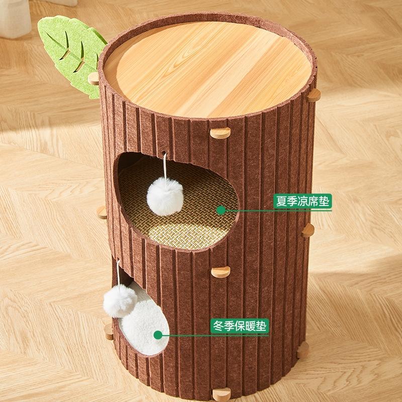 Cat Scratching Tower Felt Trunk Design 2 Levels With Pompoms Brown White Multi Level Cat Climbing Furniture For Indoor Play