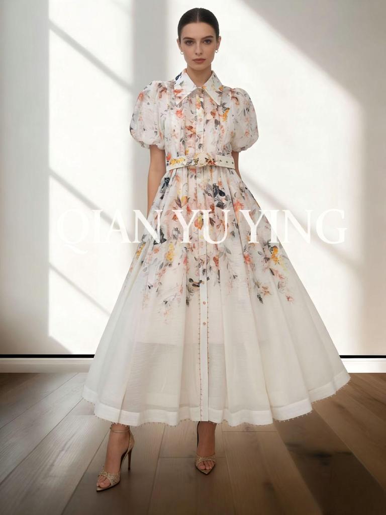 Elegant Patchwork Single-Breasted Polo Collar Puff Sleeve Dress - Spring 2026 Collection