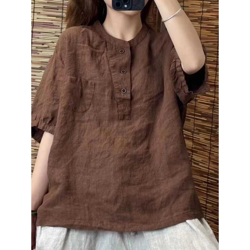 Retro Cotton Linen Short Sleeve Loose Summer Shirt