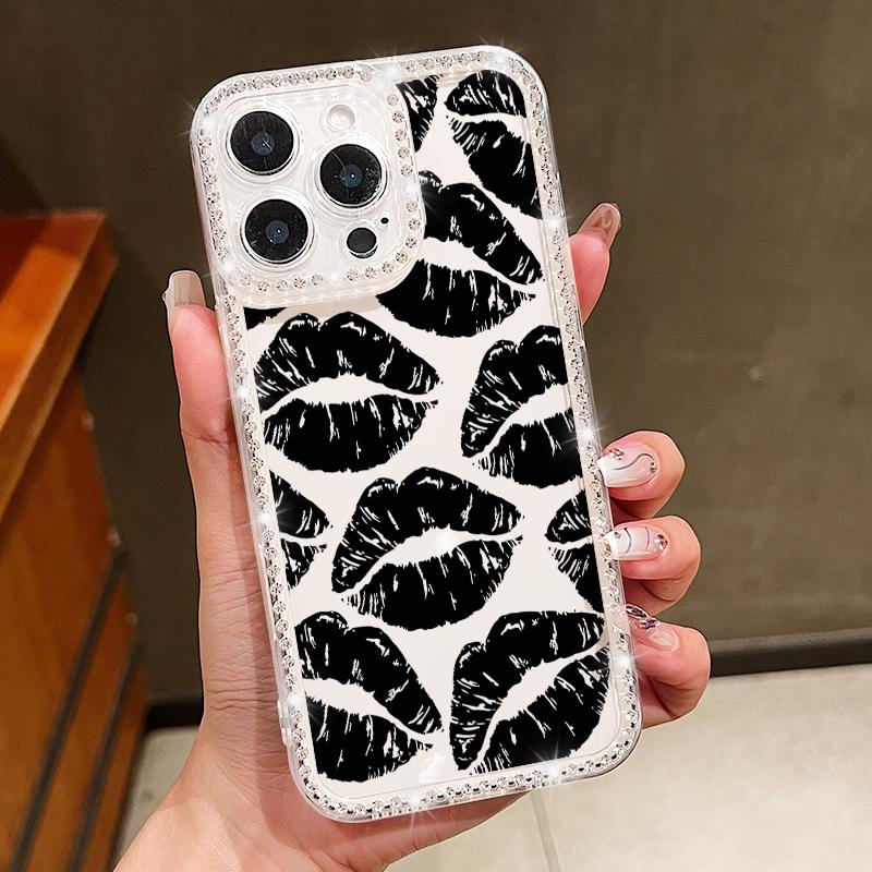 

Прозрачный чехол с бриллиантовой рамкой и принтом губ для iPhone 16 Pro Max 16E 15 Pro 14 13 12 11, защита объектива, противоударный, мягкий силиконовый чехол для телефона iPhone 11