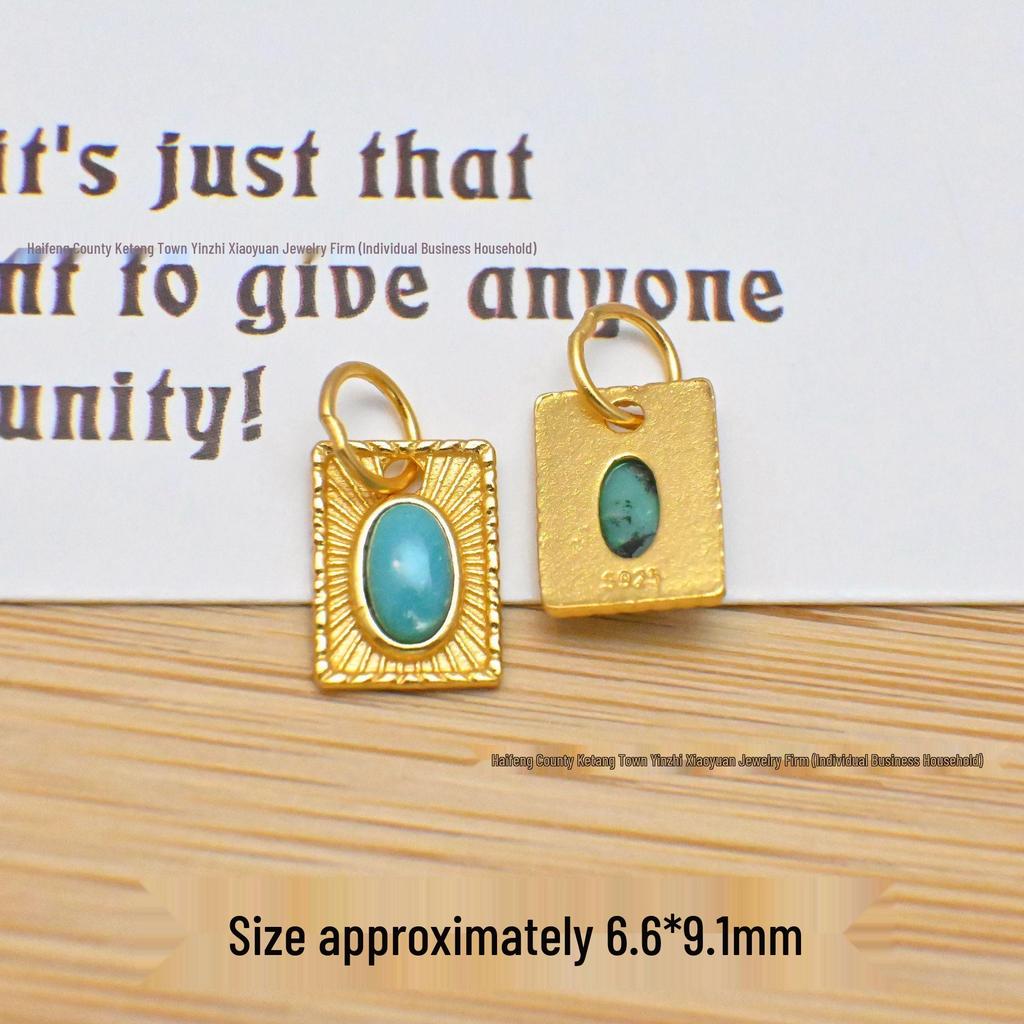 S925 Sterling Silver Gold-Inlaid Raw Turquoise Pendant Spacer Beads