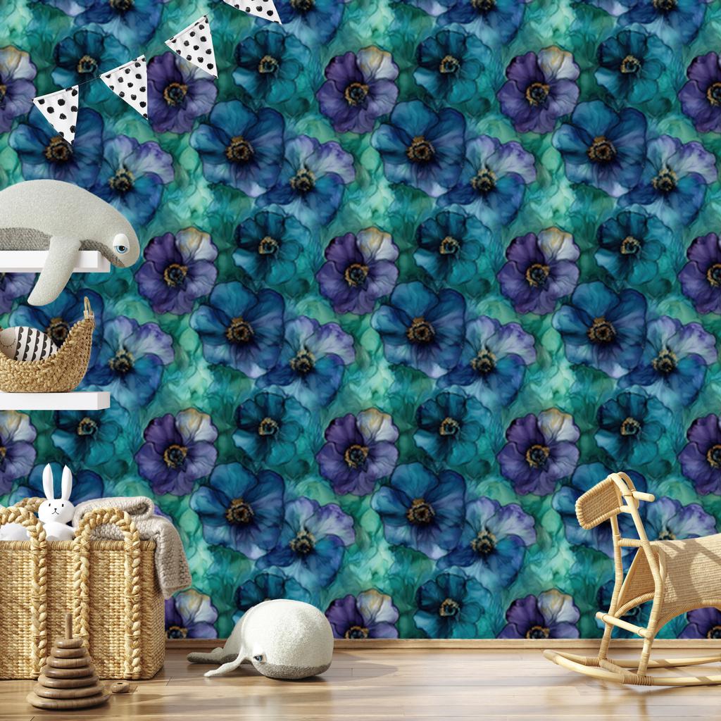 Wallpaper Ink turquoise and blue, fine detail 50x1000