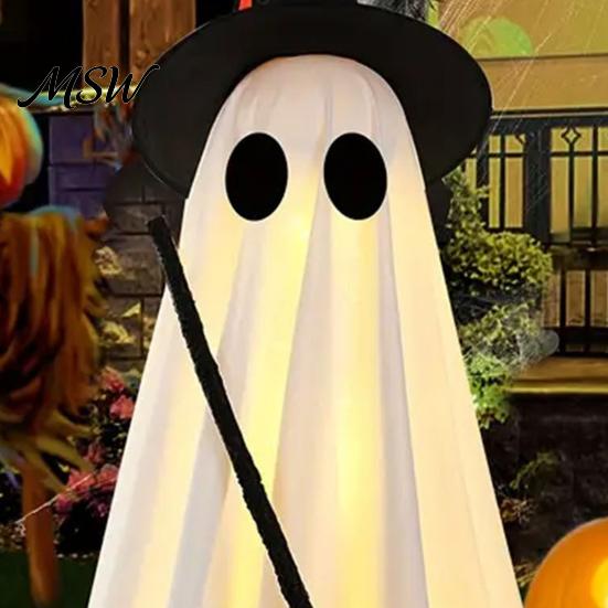 Halloween Ghost Ornament Light-Up Decoration, Spooky Witch Hat with LED Festive Prop Light, Broom Decor for Outdoor Lawn Porch Holiday Party