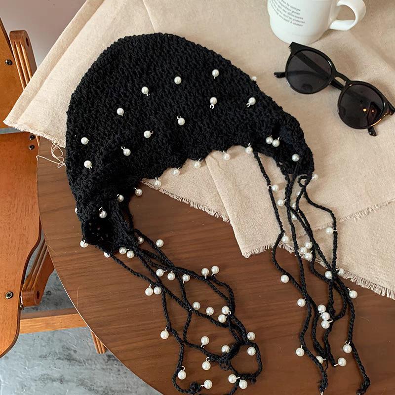 Hollow Pearl Tassel Pendant Baotou Hat Women's Summer Famous Style Knitted Pullover Hat Retro Face Small Hat Women