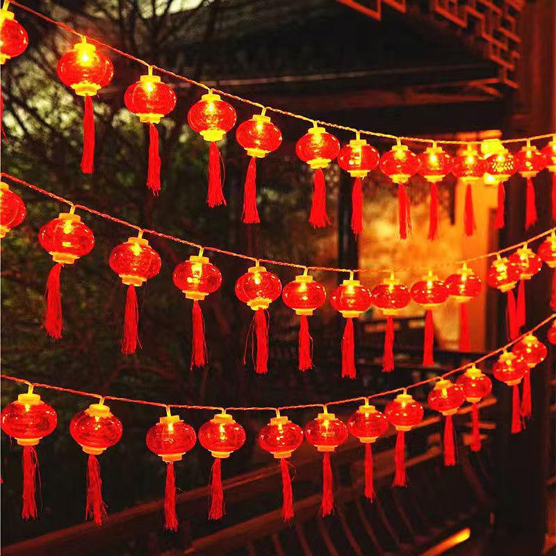 New Year Red Lantern Solar String Lights - Waterproof Fu Character Spring Festival Decor