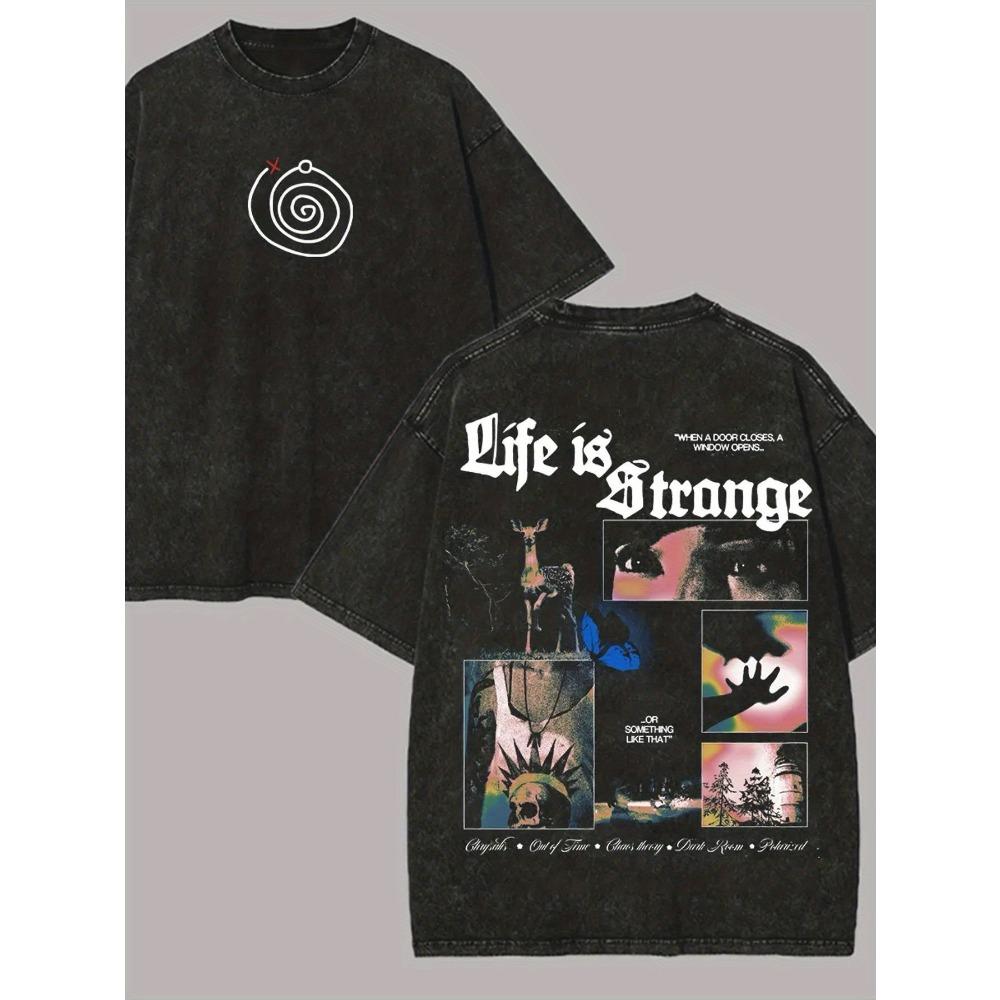 

Unisexs crew neck casual washed Tshirt made of pure printed with Life is Stranges graphic and text comfortable all year round M