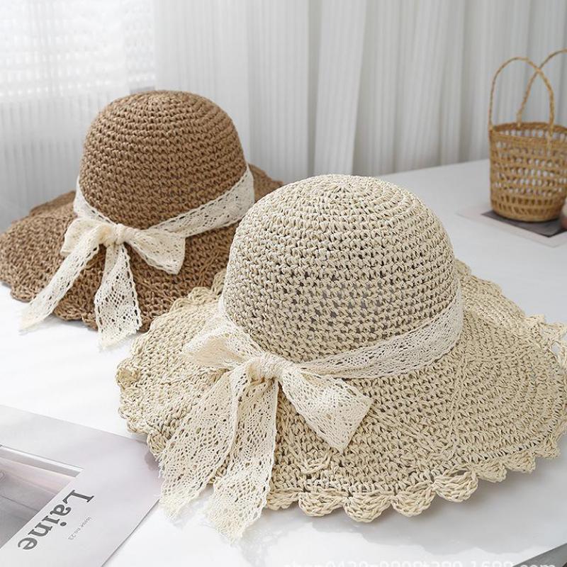 Women's Sun Hats Adjustable Straw Hat With Lace Bow Sun Protection Wide Brim Summer Elegance Beach Accessories 2025 Fashion New