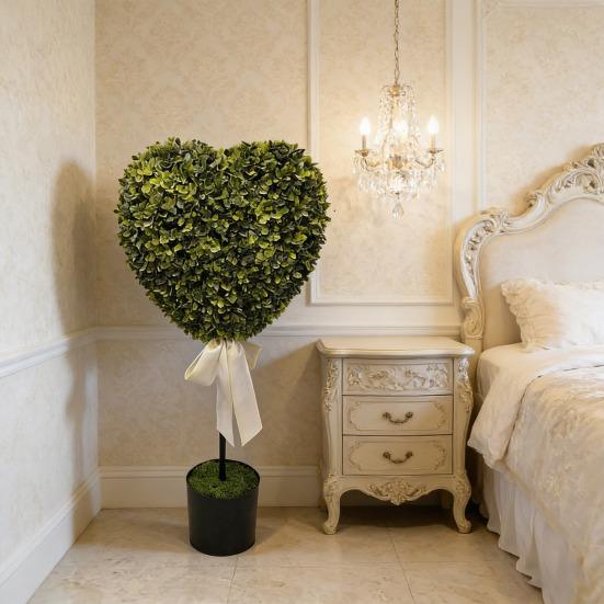 Yapay Yeşil Bitkiler Kalp Şeklinde Saksıda Beyaz Kurdele Fiyonklu Dekor Bakım Gerektirmez Sevgililer Günü Ev Dekorasyonu İçin Sahte Mini Kalp Şeklinde Ağaçlar