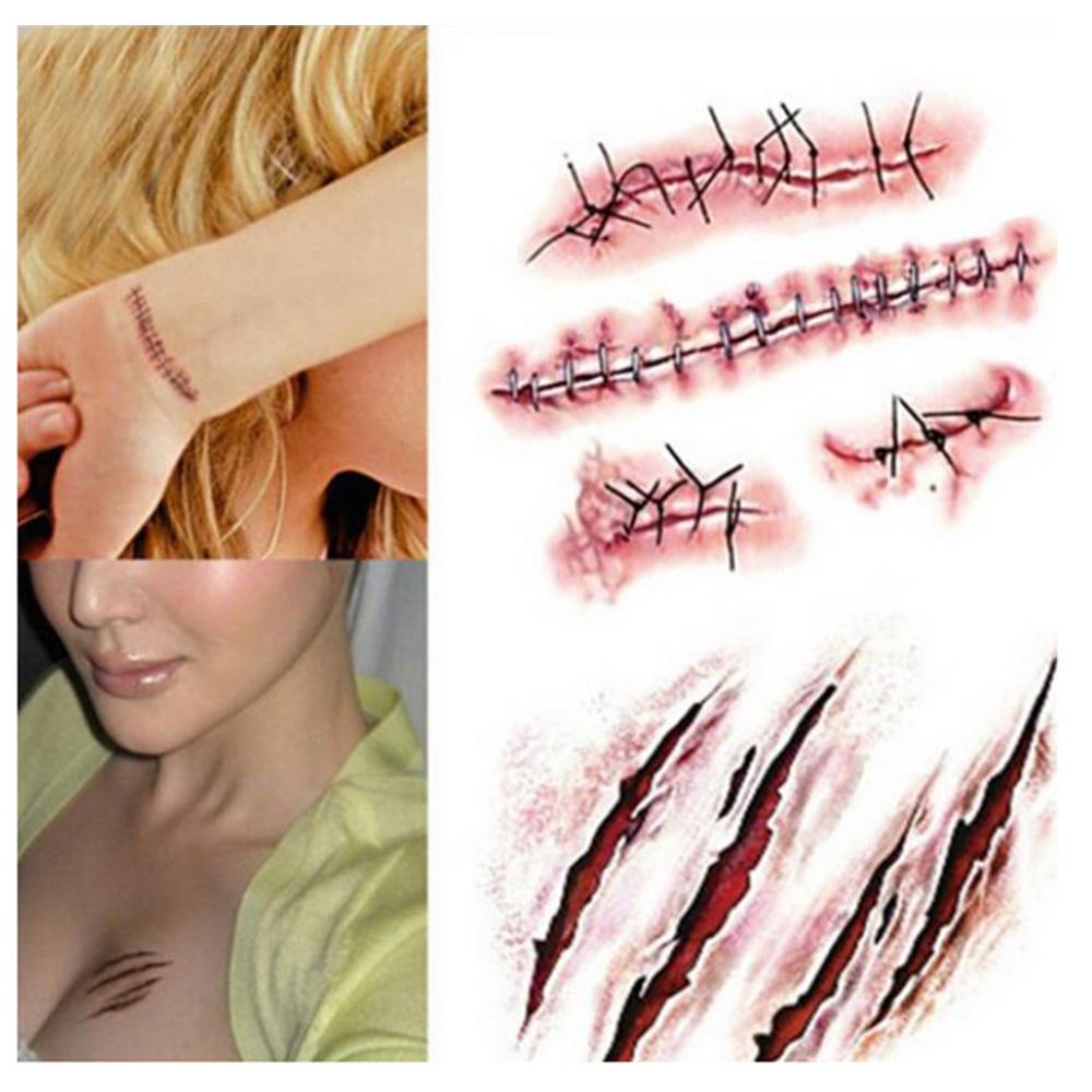 Halloween Zombie Scars Tattoos Waterproof 3D Bite Mark Tattoo Sticker With Fake Scab Scary Bloody Makeup Costume Fake Tattoo