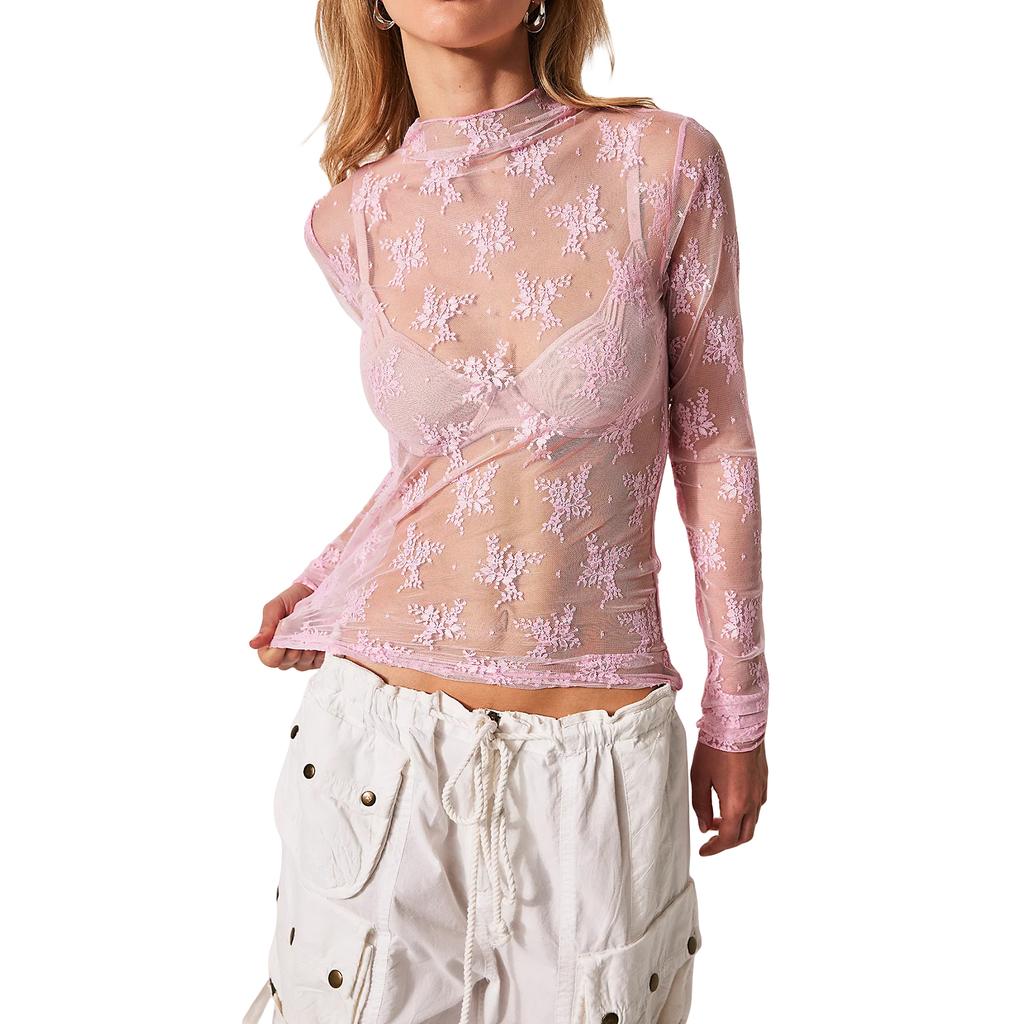 Women Long Sleeve T-Shirts Mesh See-Through Mock Neck Lace Shirts Spring Fall Slim Fit Tops Streetwear