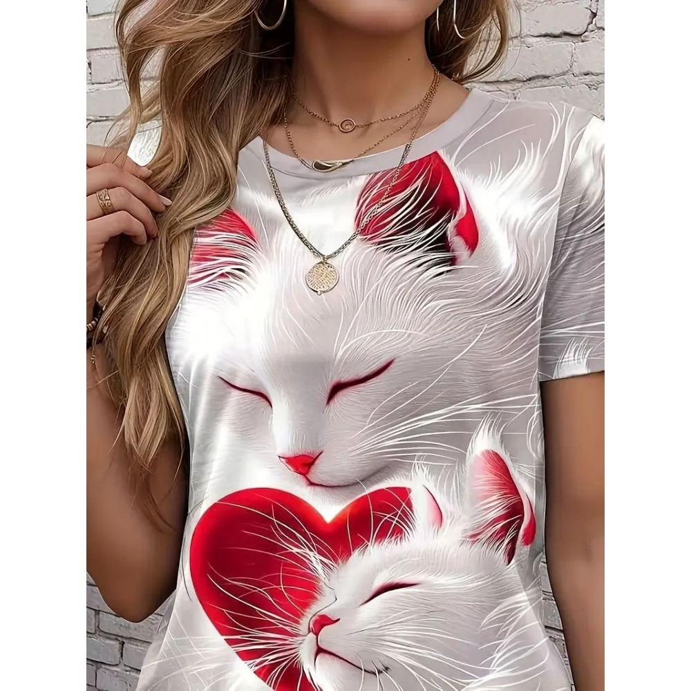Women's T-shirt, Summer Cat Printed Top