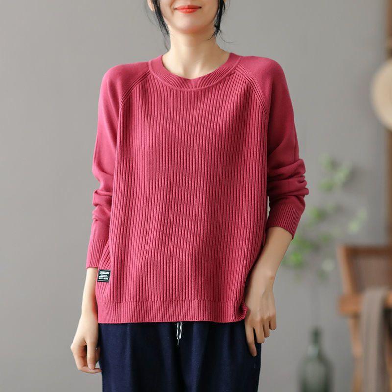 

New Loose Bottoming Shirt Top Women s Round Neck Split Knitted Sweater Foreign Style Long Sleeve Casual Sweater Women S кирпич красный