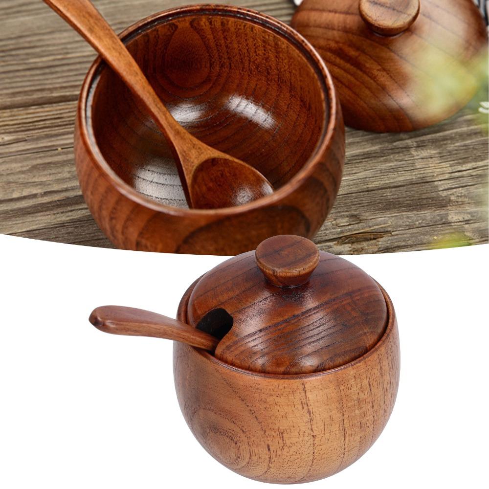 Houten kruidenpotje met deksel en lepel Zoutvaatje Keukengerei Zoutdoos Keuken Thuis