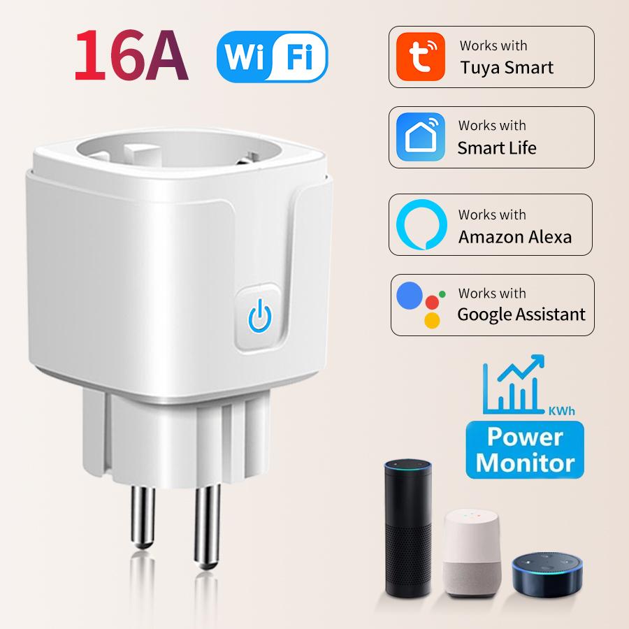 Tuya Smart WiFi EU Socket Plug 16A Power Monitor Electric Outlet Alexa Google Home Voice Control Smart Life APP Remote Control