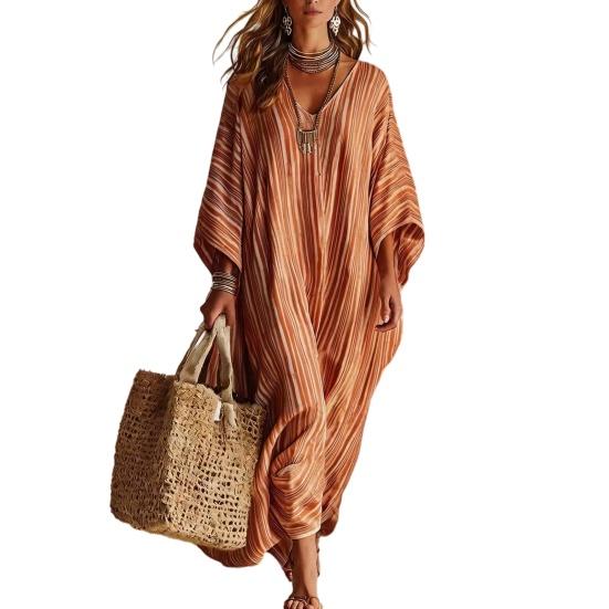 Women s Summer Striped Maxi Dress Loose Fit V-Neck 46085 Sleeve Boho Long Dress Casual S оранжевый