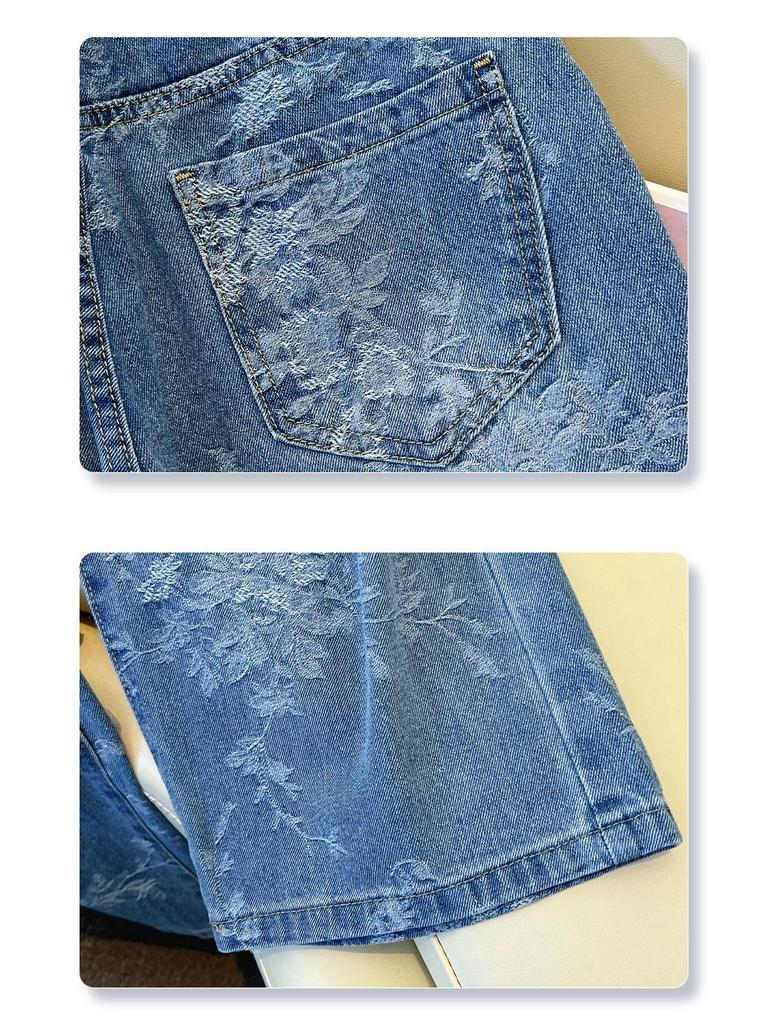 Women's High Waist Retro Blue Jacquard Straight Leg Jeans - 2025 Autumn Collection