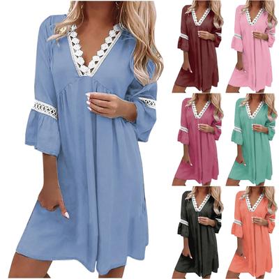 Moda feminina com decote em V renda patchwork boêmio vestido casual resort