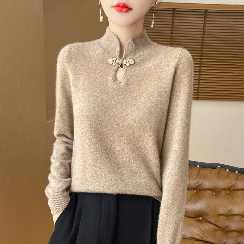 National Style Collar Disc Button Long Sleeve Knitted Bottoming Sweater Women's Slim Inner  Sweater