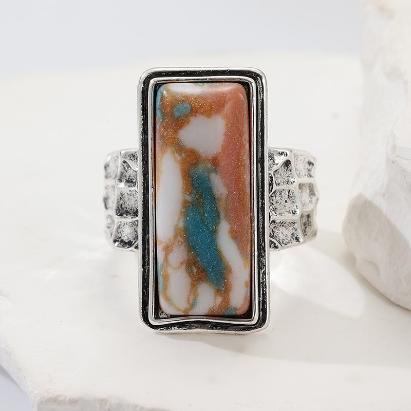 Ethnic Inlaid Multicolored Stone Women's Ring Vintage CopperColor Geometry Daily Wear Party Jewelry Anniversary Gift
