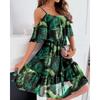 Damen Spaghetti-Träger Off-Shoulder Tropischer Print Hohe Taille A-Linie Freizeitkleid
