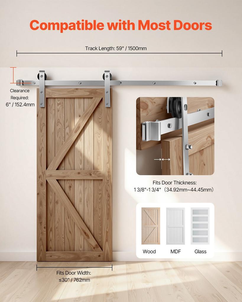 VEVOR 5FT Sliding Barn Door Hardware Kit, 330 LBS Weight Capacity