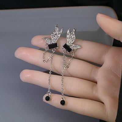 Silver Needle Light Luxury Butterfly Wing Stud Earrings, Long Chain Fringed Round Earrings Geometric Square Diamond Earrings