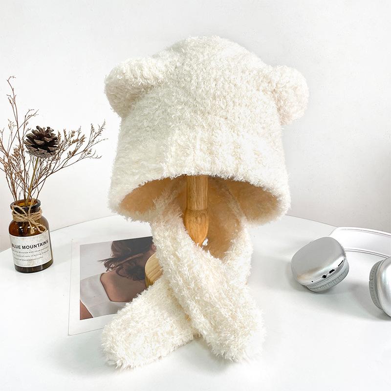 

New Cute Bear Hat for Women in Autumn and Winter Versatile Warm Woolen Hat Outdoor Cold Proof Ear Protection Knitted Hat One size