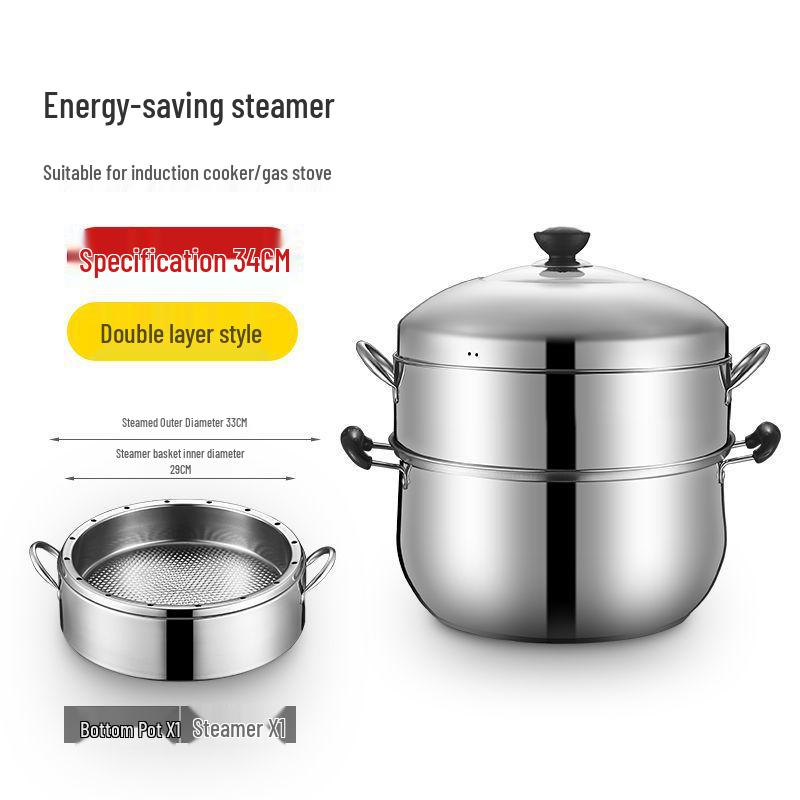Extra Thick Stainless Steel Home Steamer Pot - Energy-Saving, Non-Flavor Transferring Multi-Layer Basket