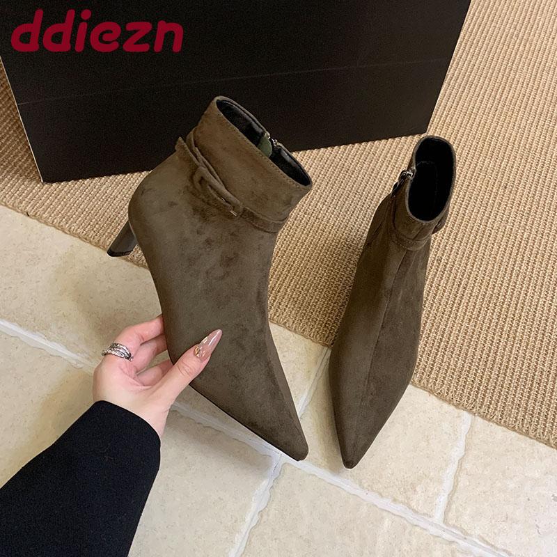 Fashion New Fashion Flock Women Ankle Modern Boots Heels Shoes Pumps Female Pointed Toe Ladies Short Boots With Zippers Shoes