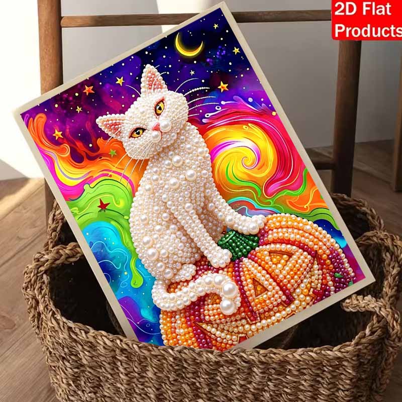 Halloween Pearl Painting Art White Cat On Pumpkin Full Pearl Handmade Diy Home Decorations