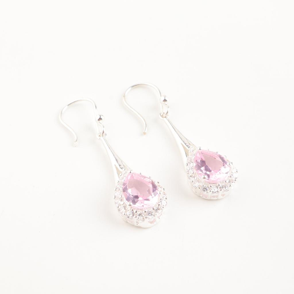 Natural Morganite Gemstone 925 Solid Silver Jewelry Zircon Women Earrings 1.86" CZE-7-13