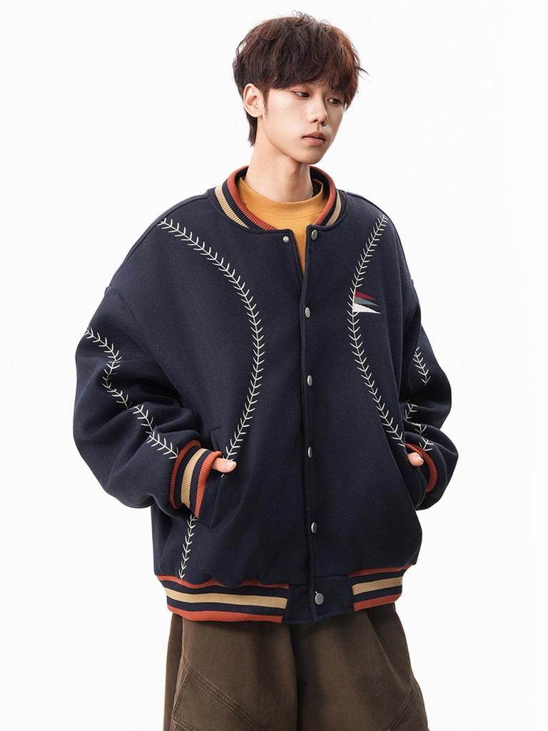 Guochao Vintage Woll-Baseballjacke mit Stickerei für Damen & Herren - Schweres Retro-Modell für Herbst/Winter 2025