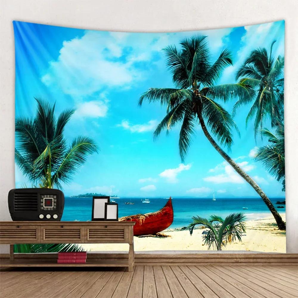 Sea view tapestry printed hanging painting coconut tree sunrise home decoration yoga mat bed sheet living room wall hanging
