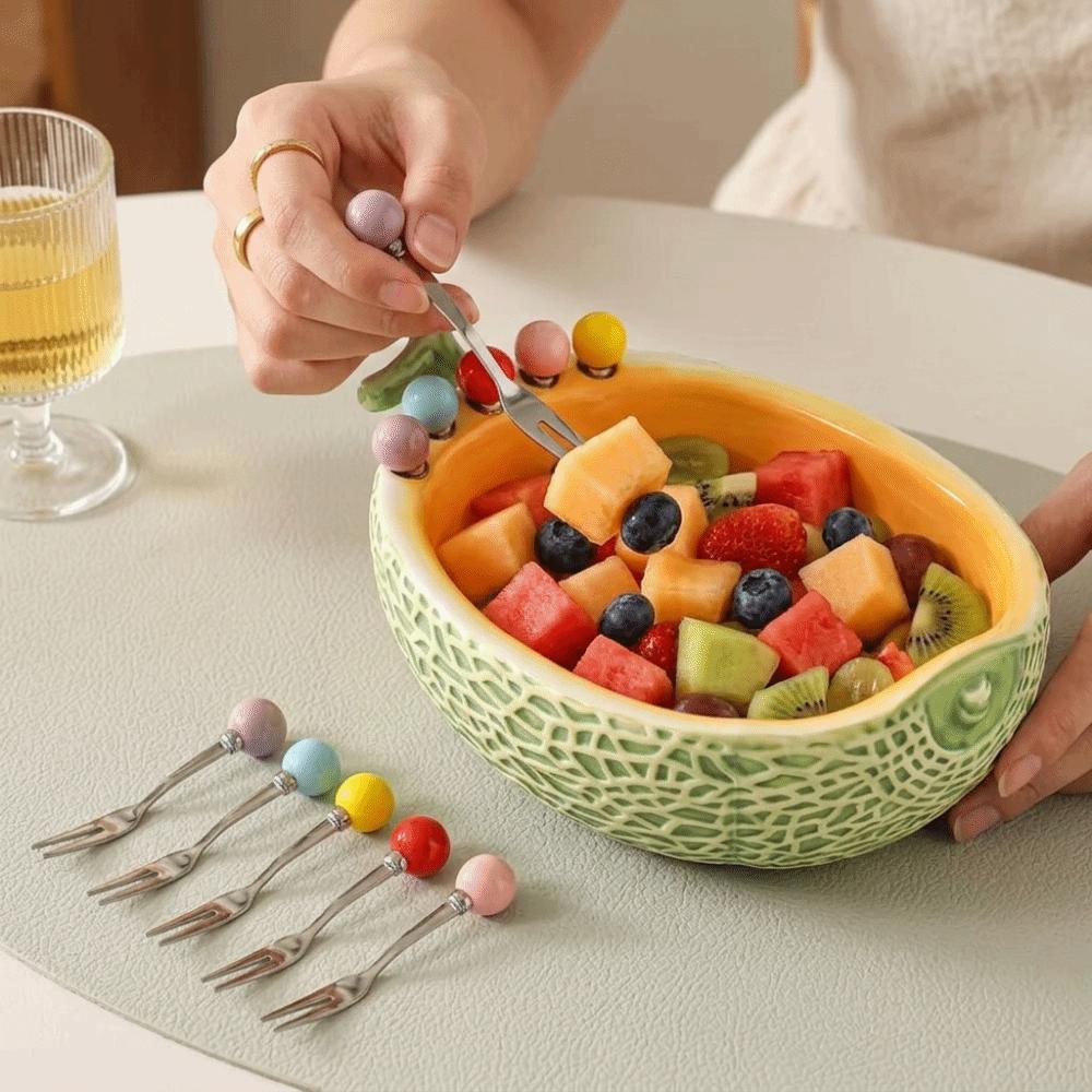 Large Capacity Fruit Serving Plate Hami Melon Shape Snack Plate with Fork Fruit Insert