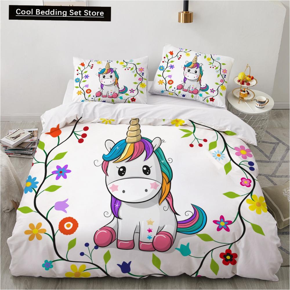 Children Kids Baby Pink Bedding Set Queen King Cartoon Unicorn White Duvet Cover Twin Full Colorful 2/3pcs Polyester Quilt Cover