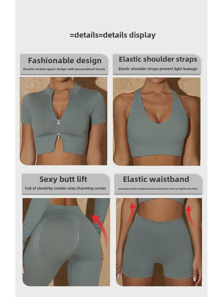 2022 Damen Yoga Set: Stylischer Rücken-BH, Weste mit Reißverschluss und hohem Kragen, Optionen für lange/kurze Ärmel und Sporthose – 6-teiliges Set.