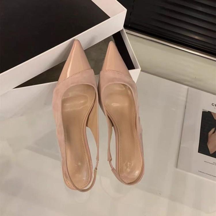 Temperament pointed splicing high heels women's summer gentle thin heel side empty sandals shallow mouth bag head sandals high heels