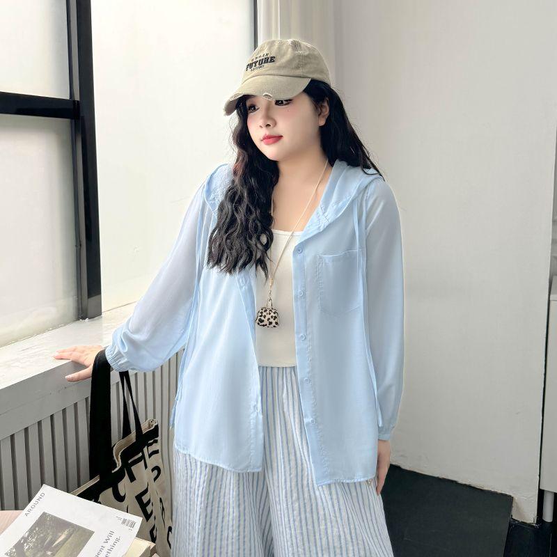 

Plus size women clothing [Love Summer Style Wear] Chubby Girl Summer Lightweight Hood Loose Split Shirts Sun Protection Shirt Outerwear Breeze Blue 3XL([Recommended 72.50 kg-77.50 kg]])