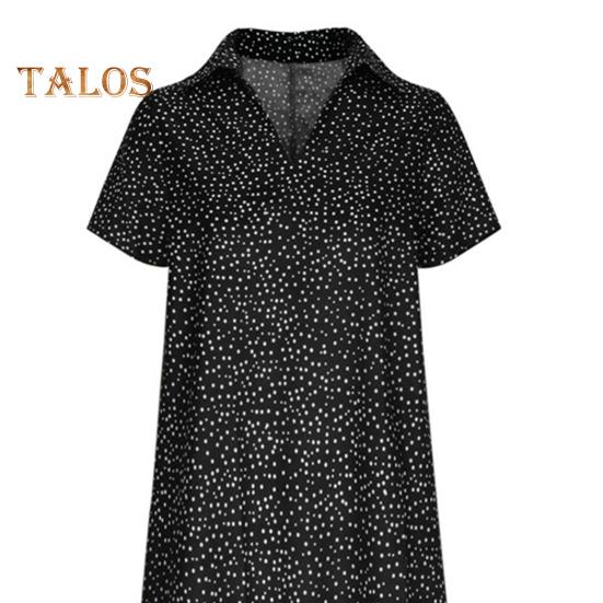 Summer Dress Dot Printing Short Sleeves Loose A-line Shirt Dress V Neck Knee Length Midi Dress for Dating Travel Vacation