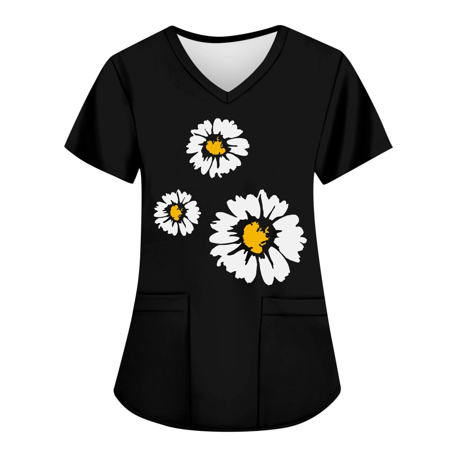 

Женские модные топы с короткими рукавами и V-образным вырезом с принтом, рабочие футболки с карманами XL чёрный