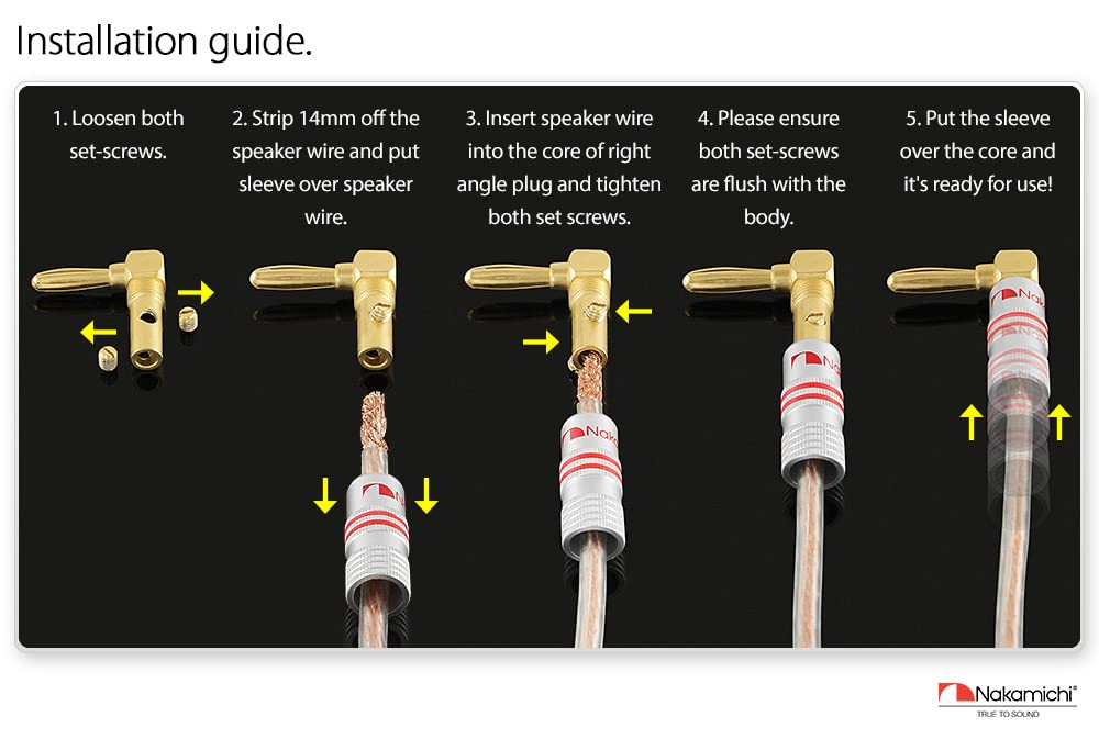 Nakamichi Excel Series 24K Gold Plated Banana Plugs 12 AWG 18 AWG Gauge Size 4mm Speaker Amplifier AV Stereo Home Theater Audio Wire Cable Screw